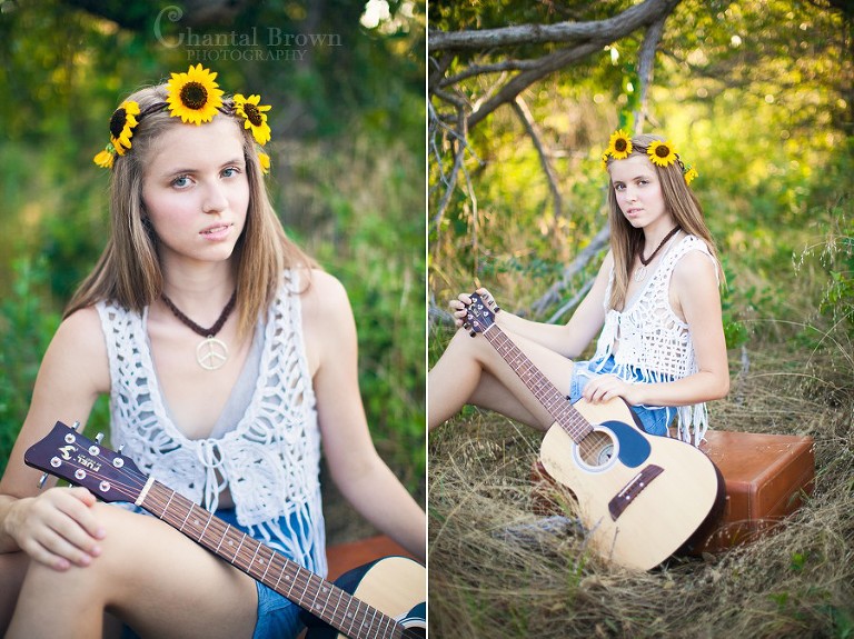 senior photography dallas tx holding guitar and yellow sunflowers