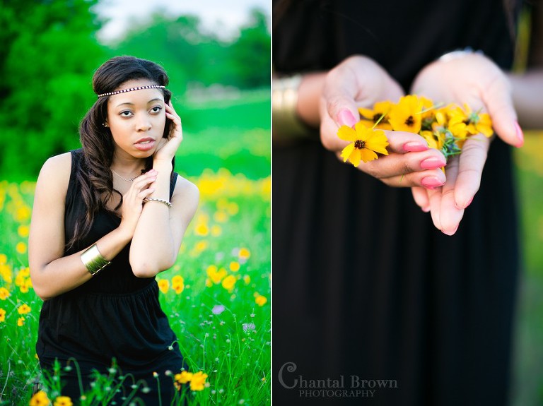 Dallas senior pictures photographer at White Rock Lake in yellow flower fields