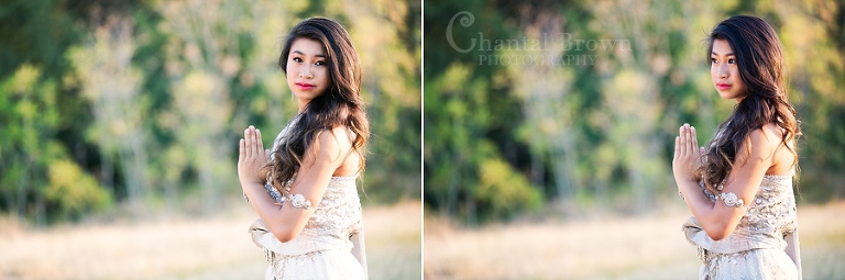 Dallas portrait wearing traditional Khmer Cambodian white silver dress at Arbor Hills Nature Preserve Park in Plano Texas