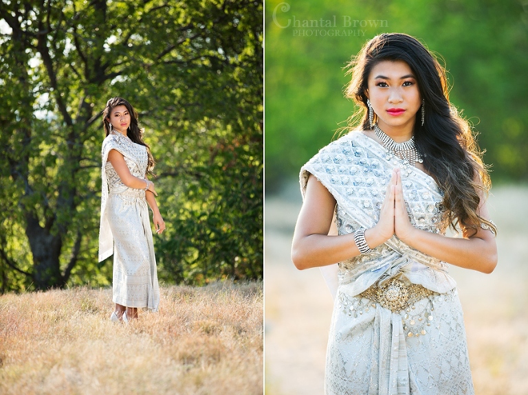 Plano senior portrait wearing traditional Khmer Cambodian white silver dress at Arbor Hills Nature Preserve Park in Plano Texas