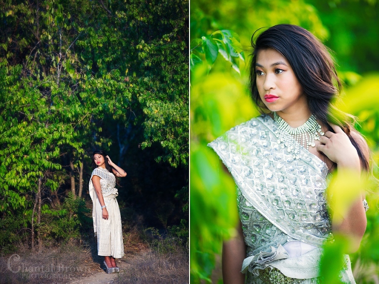 Plano portrait wearing traditional Khmer Cambodian white silver dress at Arbor Hills Nature Preserve Park in Plano Texas
