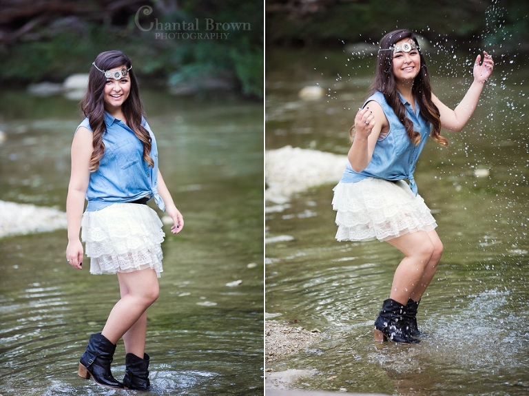 Wylie Texas senior portraits girl splashing in the river at a park