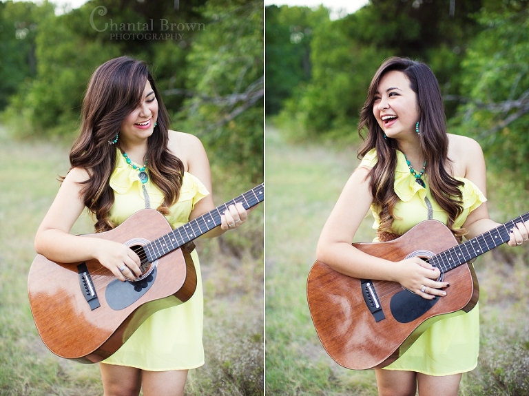 High school senior pictures playing guitar and laughing Wylie Texas