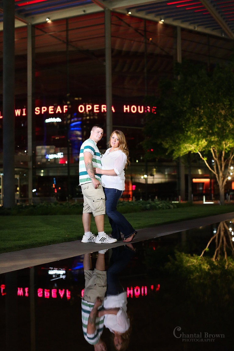Downtown Dallas Engagement at Opera Windspear taken at night
