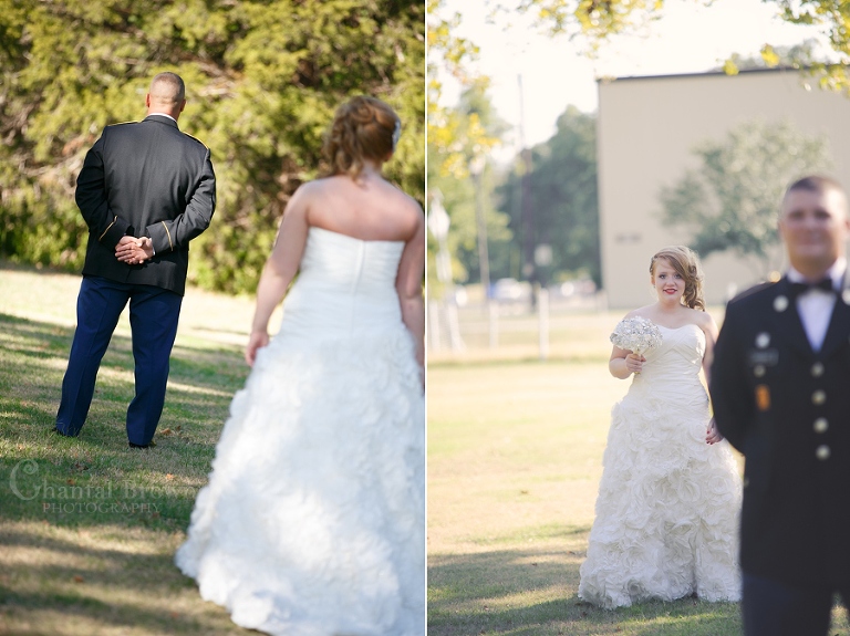 Fort Sill OK military wedding first look outside of New Post Chapel