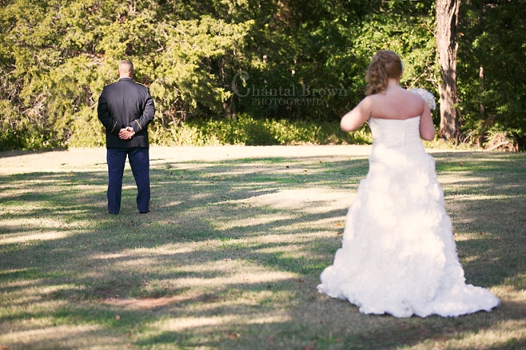 Fort Sill OK military wedding first look outside of New Post Chapel
