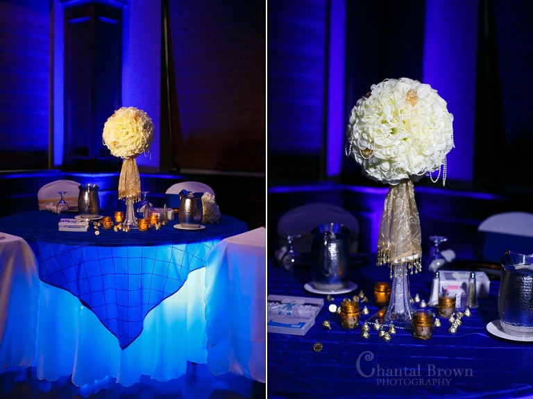 Lawton Okahoma wedding reception blue light centerpieces details at cameron university McCasland ballroom tables