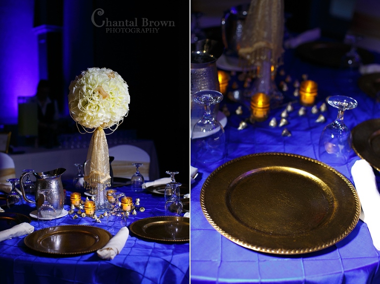 Lawton Okahoma wedding reception blue light centerpieces details at cameron university McCasland ballroom tables