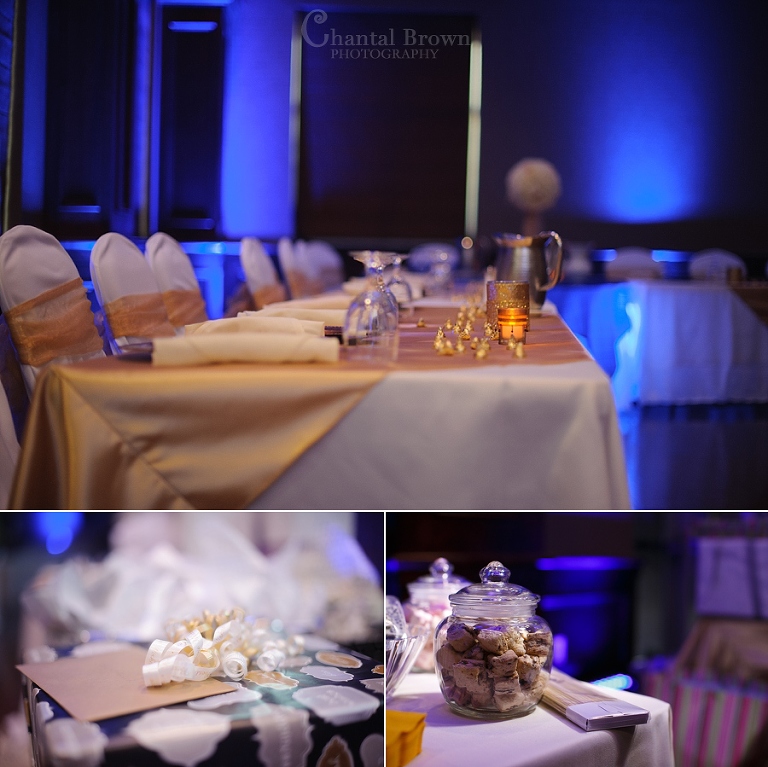 Lawton Okahoma wedding reception blue light centerpieces details at cameron university McCasland ballroom tables