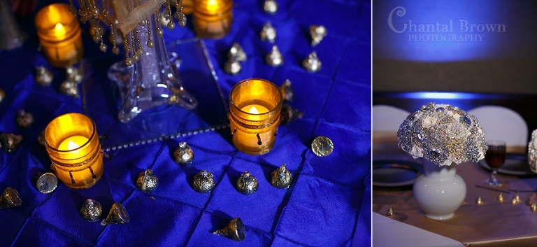 Lawton Okahoma wedding reception blue light centerpieces details at cameron university McCasland ballroom tables