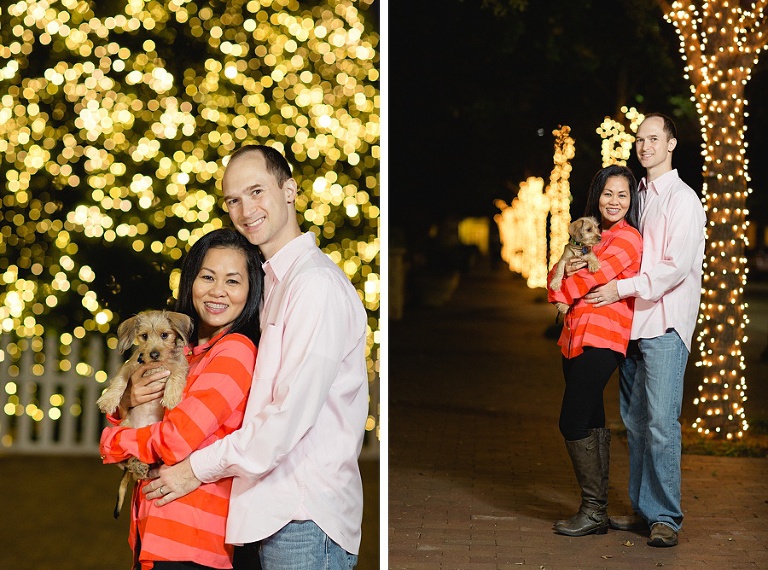 Dallas couple Christmas tree lights with dog at Shop Of Legacy in Plano Texas by Chantal Brown Photography