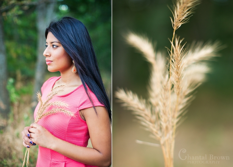 A high school girl holding wheat at a park for Dallas TX high school senior pictures