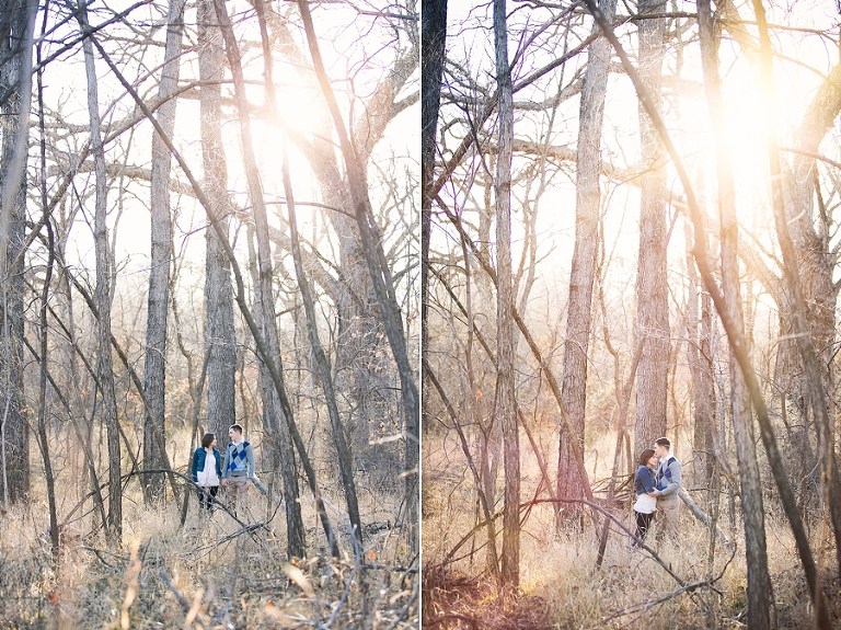 Fort Sill Lawton Oklahoma engagement pictures taken in the forest with beautiful golden sunset with dried trees