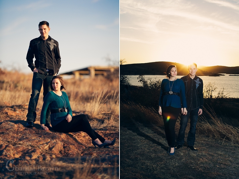 Lake Elmer Thomas Recreation at Fort Sill Lawton engagement portraits by Chantal Brown Photography taken during beautiful sunset setting on golden rocks