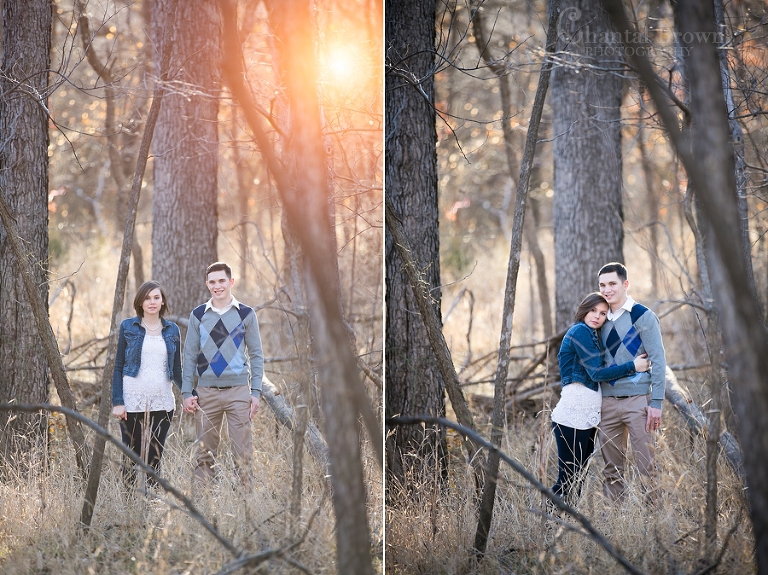 Lawton engagement sun flare pictures in the forest by dried tree trunk in fort sill forest by Chantal Brown Photography