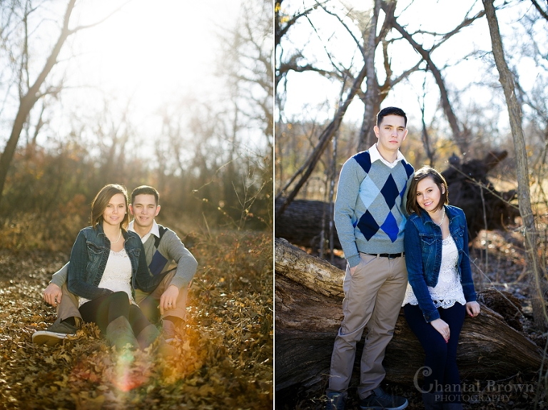 Lawton engagement sun flare pictures in the forest by dried tree trunk in fort sill forest by Chantal Brown Photography
