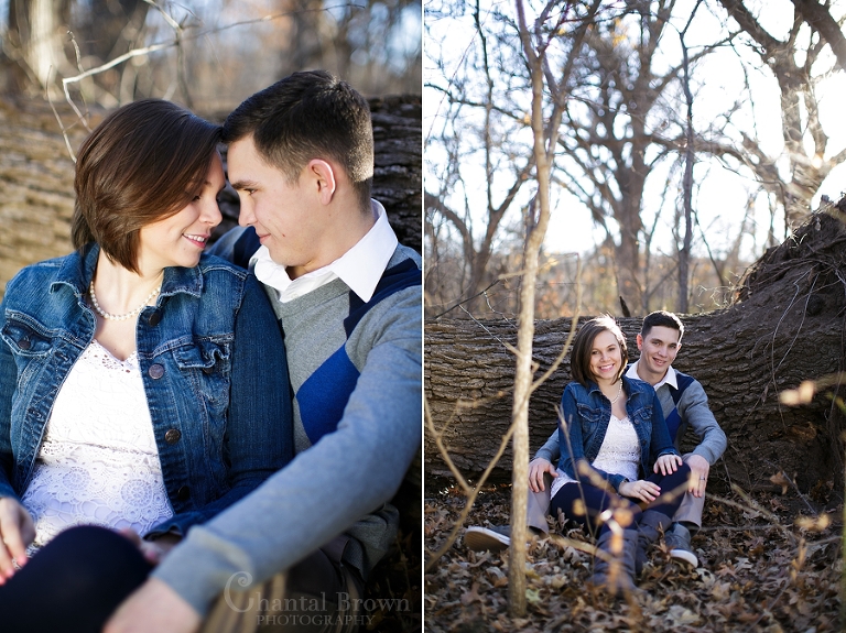 Lawton engagement pictures in the forest by dried tree trunk in fort sill forest by Chantal Brown Photography