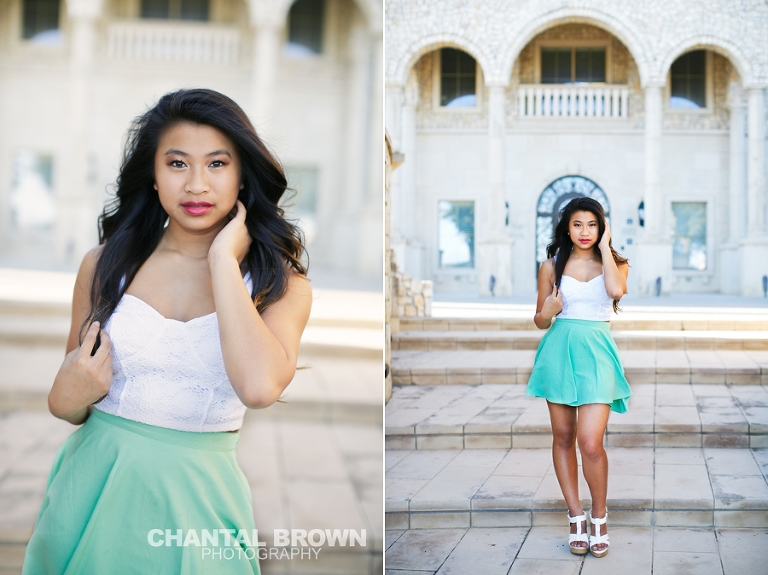 Carrollton TX Senior Portraits by Chantal Brown Photography taken in McKinney Texas at Adriatica standing by beautiful architecture building.