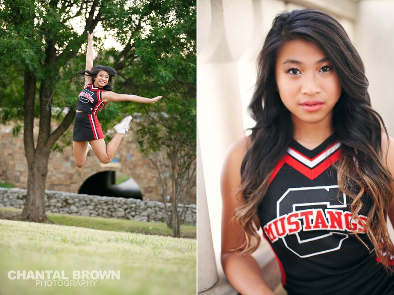 Carrollton TX Creekview High School Senior Portraits by Chantal Brown Photography taken in McKinney Texas at Adriatica wearing cheerleading outfits.