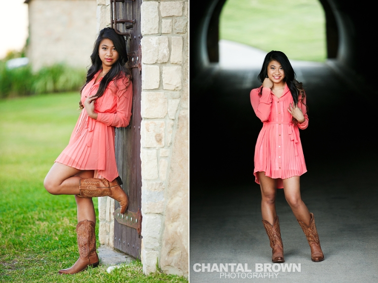 Carrollton TX Creekview High School Senior Portraits by Chantal Brown Photography taken in McKinney Texas at Adriatica standing inside a tunnel.