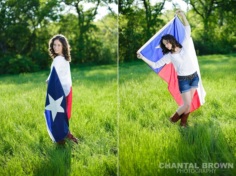 High School Senior picture of a girl holding Texas State Flag in Dallas green field at a park by Chantal Brown Photography