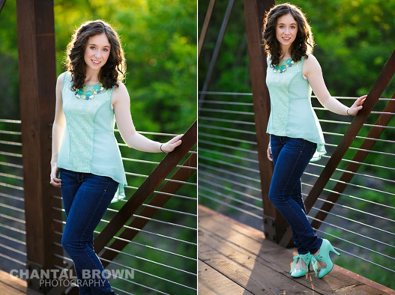 Dallas senior outdoor senior portrait photographer Lucas Christian Academy of Allen TX student wearing baby blue shirt and shoes setting on a bridge taken by Chantal Brown Photography