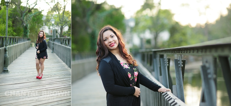Robert E Lee High School senior portraits standing on bridge at Highland Park in Dallas