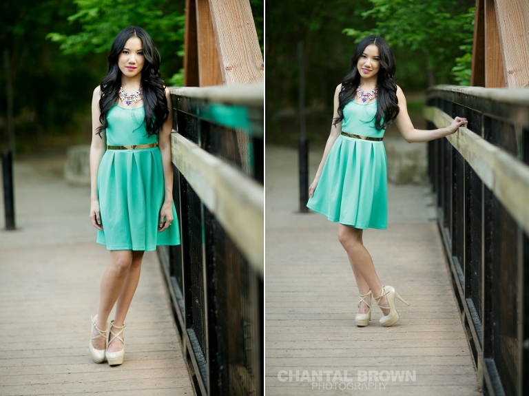 Beautiful black and white college senior graduation portraits taken at Prairie Creek Park in Richardson TX standing on a beautiful brown bridge taken by Chantal Brown Photography