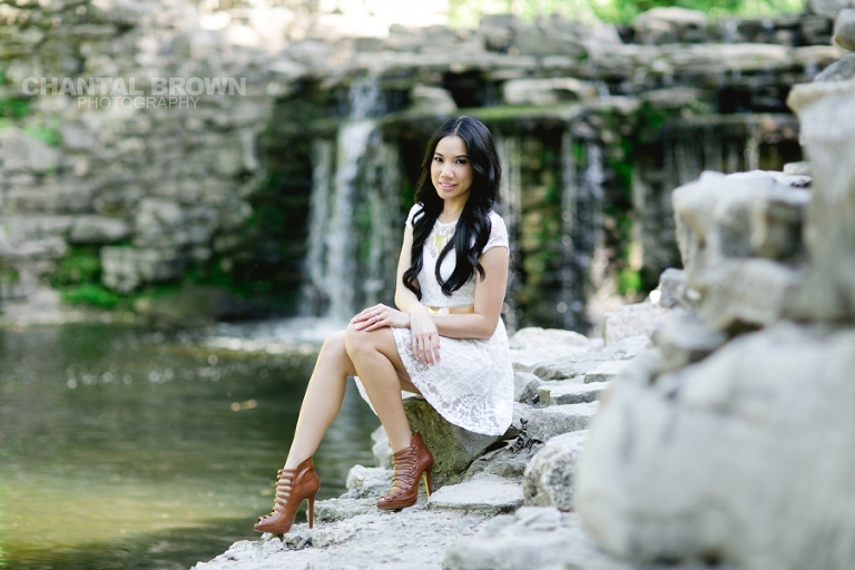 Gorgeous UTA College portraits taken in Richardson Texas at Prairie Creek Park setting by the waterfall senior pictures by Chantal Brown