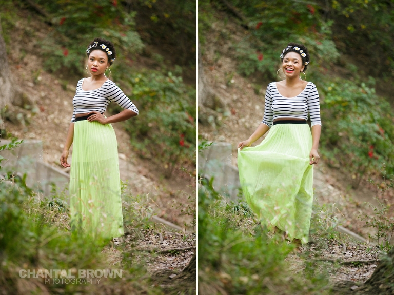 Outdoor Red Oak High School senior portraits at Highland Park in Dallas Texas by water creeks and big tall trees with gorgeous flower head band.