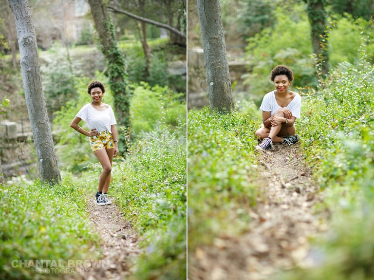 Dallas senior pictures taken at Highland Park Texas setting on the trail surrounded with beautiful grass and trees.