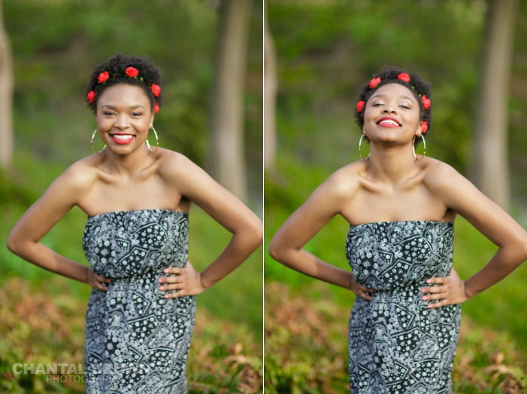 Highland Park Dallas senior portraits of a beautiful high school girl wearing a very pretty red roses head band setting on gorgeous green grass field smiling