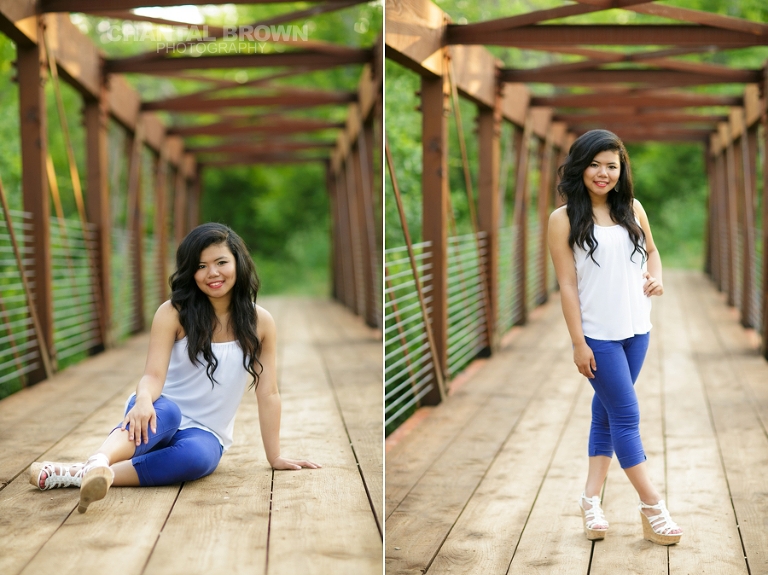 Richardson senior photography of a high school student setting on a bridge at Breckinridge Park by Chantal Brown Photography.