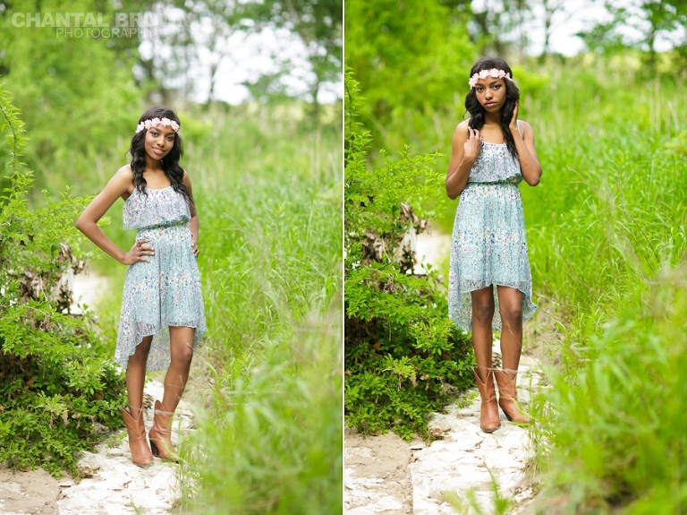 Allen senior photographer with a stunning Wylie high school senior picture with baby blue dress and flower head band taken by the water creek by Chantal Brown Photography