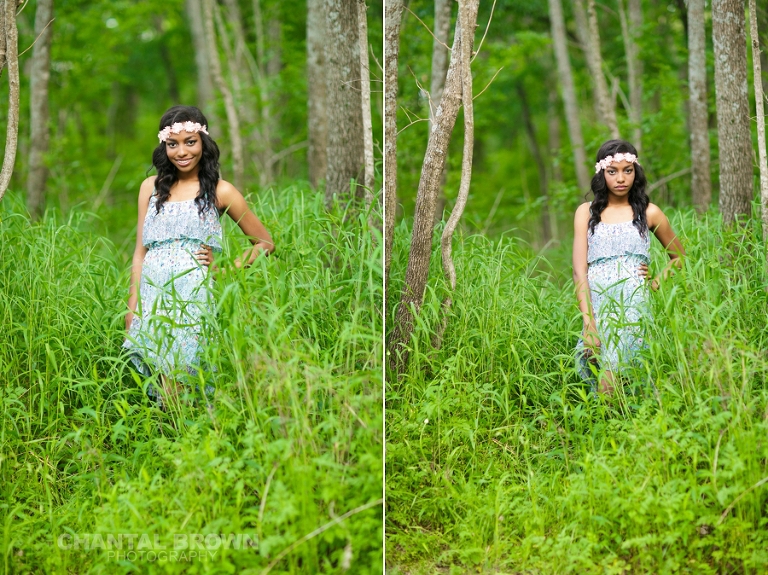 Allen senior portrait of Wylie East high school senior standing in beautiful tall green grass wearing a pink flower head piece and baby blue dress pretending she's in Twilight movie taken by Chantal Brown Photography