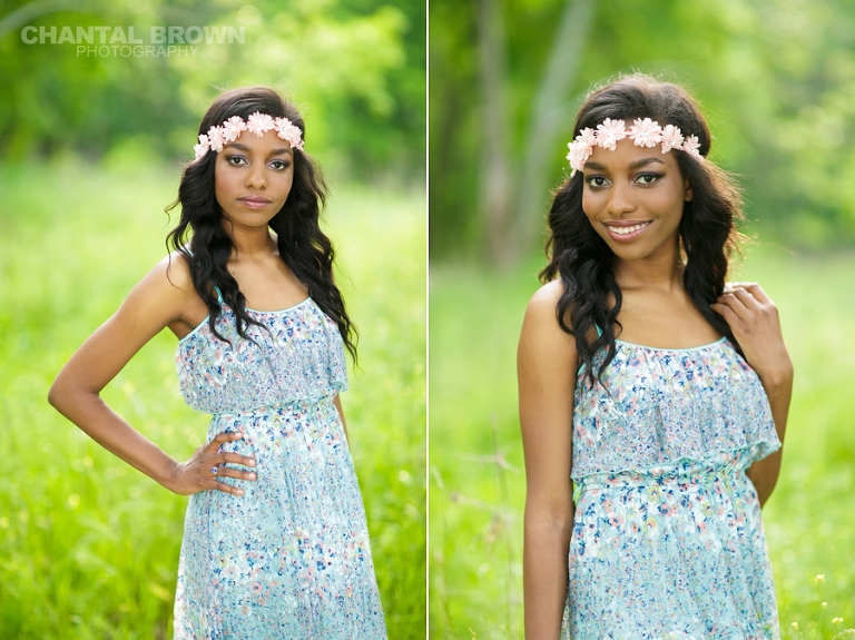 high school senior pictures in Allen Texas of a Wylie East student standing in the field with gorgeous pink flower head piece and baby blue silky dress smiling with her braces taken by Chantal Brown Photography