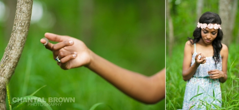 A Plano senior portrait picture of high school student holding a caterpillar in her palms out in the woods wearing a flower head band in baby blue dress taken by Chantal Brown Photography.