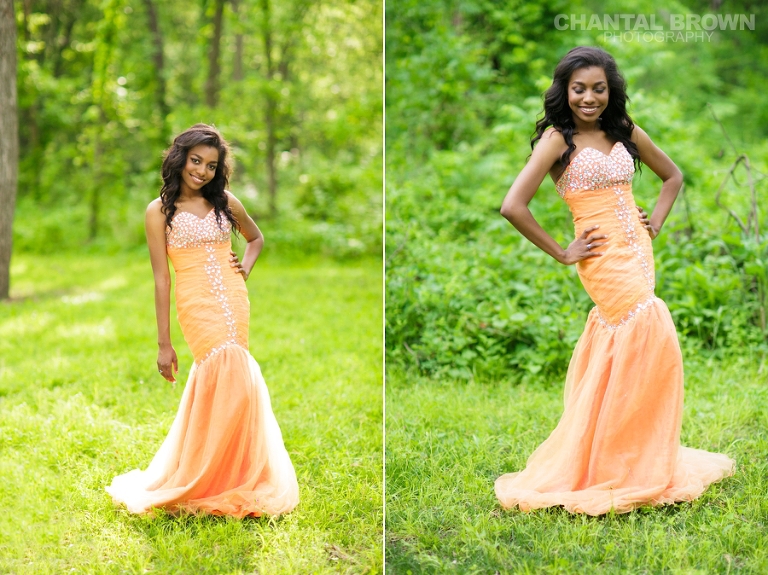 Plano senior portraits in Texas of a high school student wearing an orange glitter prom dress and braces just standing out in the field taken by Chantal Brown Photography