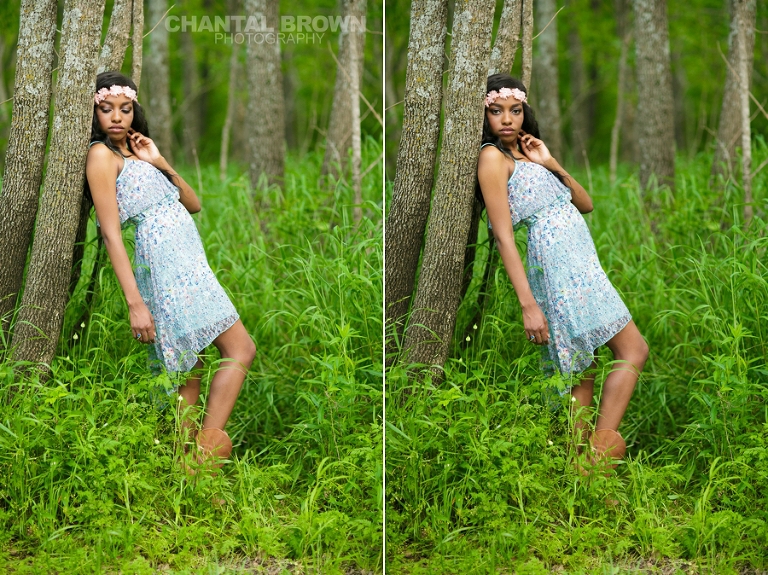 Richardson senior pictures taken of a high school senior student wearing a flower head band with baby blue dress leaning against a tall tree out in the woods taken by Chantal Brown Photography