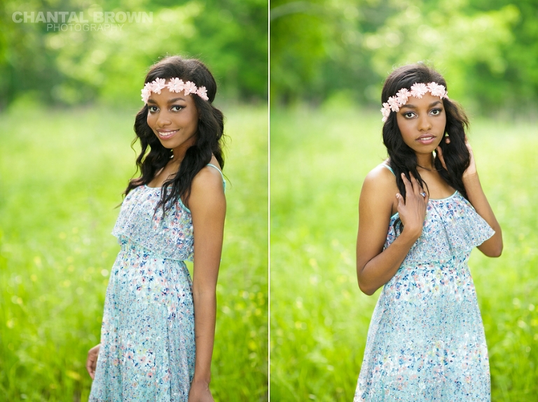 The best high school senior pictures of Danielle wearing pretty flower head band with flowery baby blue dress standing in the field taken by Chantal Brown Photography