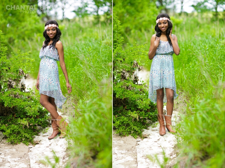 A stunning Wylie high school senior picture with baby blue dress and flower head band taken by the water creek by Chantal Brown Photography