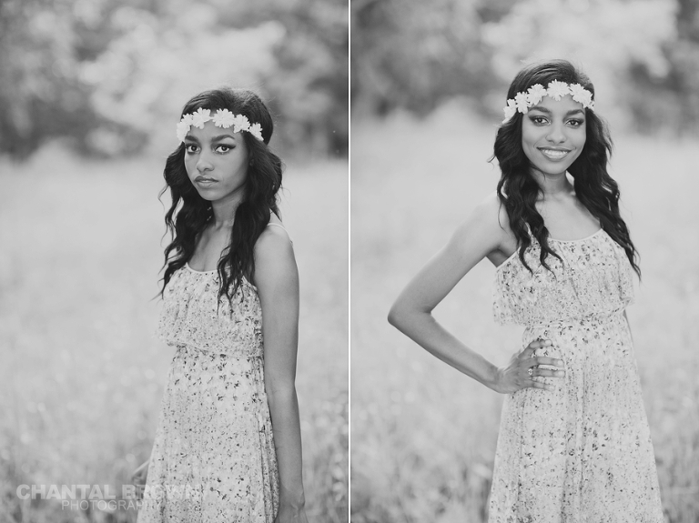 A gorgeous black and white student of Wylie East high school senior portrait wearing beautiful flower head band taken by Chantal Brown Photography