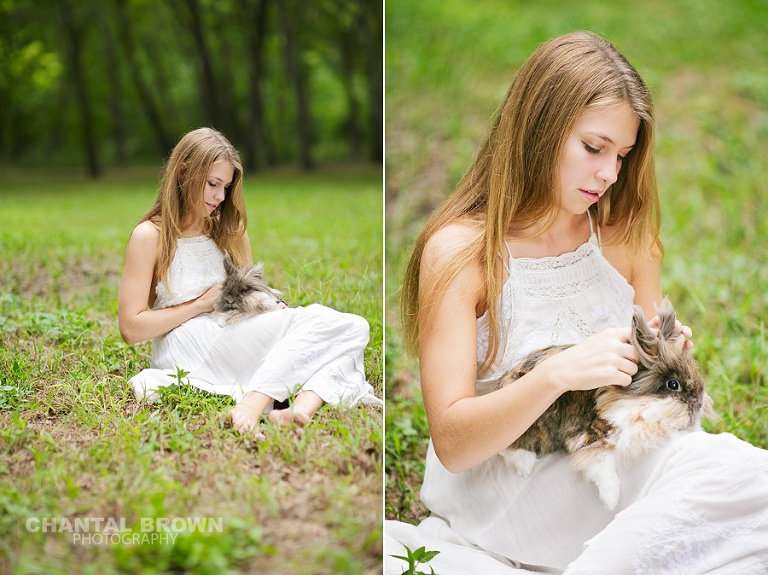 High school senior Plano senior portraits outdoor holding a rabbit by Chantal Brown Photography