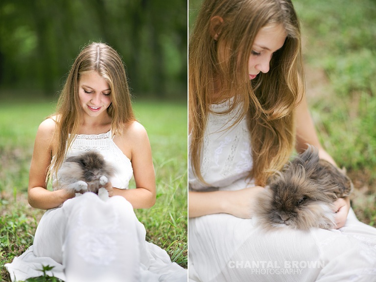 Plano senior portrait in Plano Texas holding a rabbit by Chantal Brown Photography.
