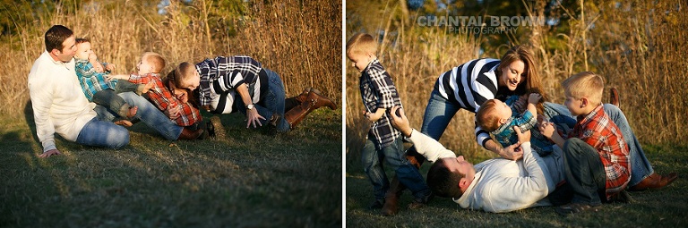 Gorgeous sunset family having fun portrait taken in Dallas park by tall grass with beautiful sunset by Chantal Brown Photography