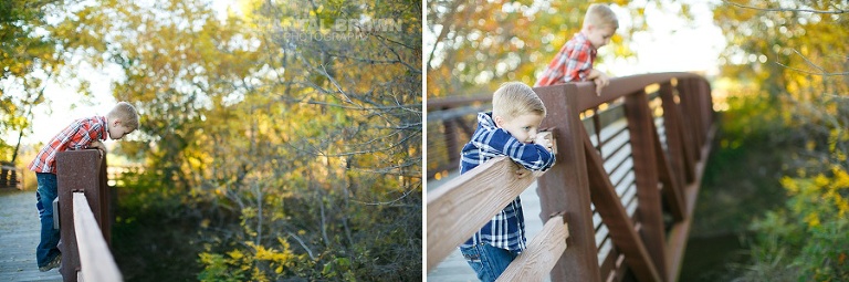 children looking down the bridge family session taken in the fall with pretty colors in Dallas by Chantal Brown Photography