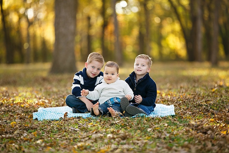 Children family portrait setting on baby blue blanket taken in the fall with stunning yellow leaves and sunlight by Chantal Brown Photography