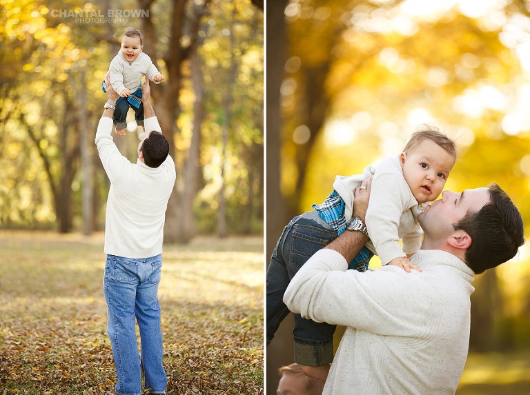 dad lifting loving child up family picture in the falls around pretty tall yellow trees in Arboretum by Chantal Brown Photography