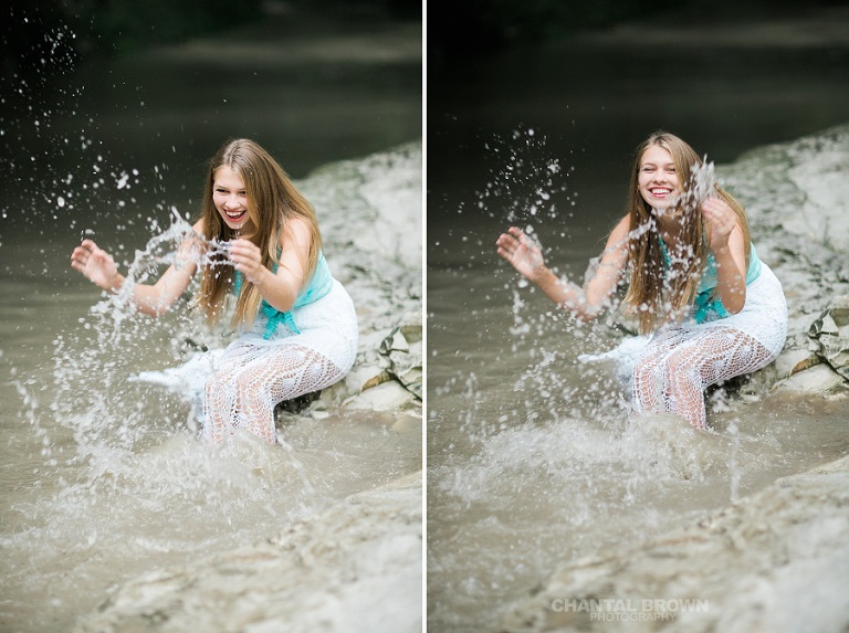 Best Addison senior portraits splashing water and laughing by the river taken by Chantal Brown photography.