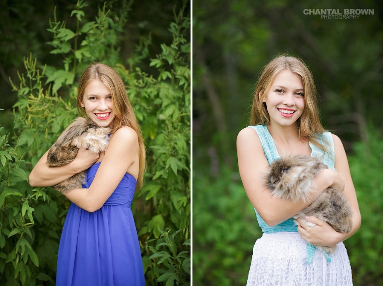Gorgeous outdoor senior picture of Greenhill high school senior picture holding a cute bunny taken by Chantal Brown.